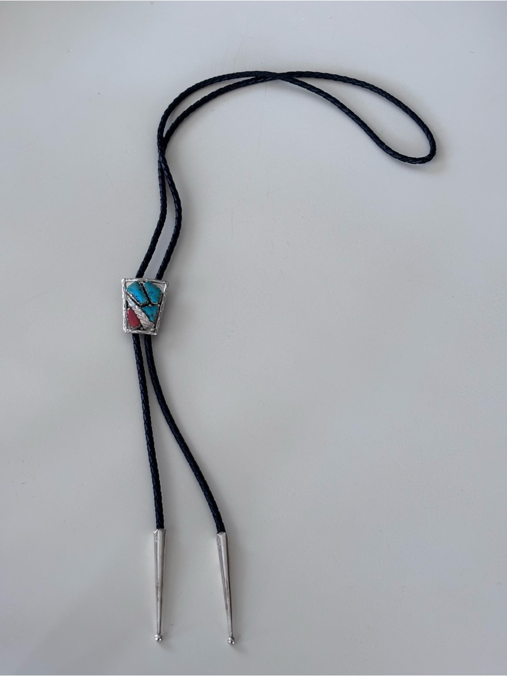 Sterling Silver Turquoise and Red Stone Bolo Tie Pendant Necklace - Picture 4 of 4